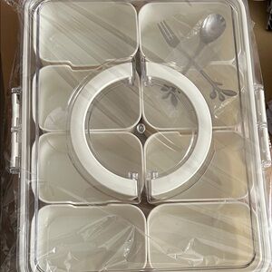 Snack Box with 9 separate compartments With Spoon and Fork, Clear and White -NEW